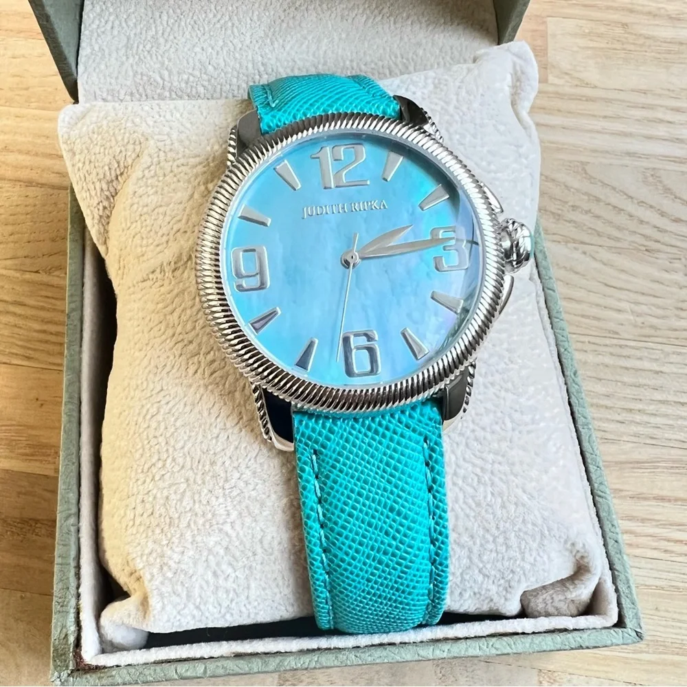 Judith Ripka ladies stainless steel and leather Olympia dress watch NEW BATTERY